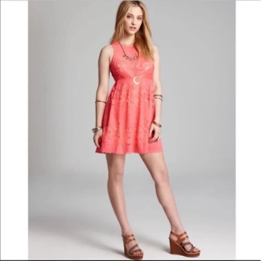 NWOT Free People Rocco Coral Pink Lace Babydoll Dress - Picture 6 of 11